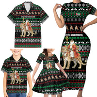 United Arab Emirates Christmas Family Matching Short Sleeve Bodycon Dress and Hawaiian Shirt with Santa Riding Cheetah Black Snowflake Pattern and Palm Tree - Wonder Print Shop