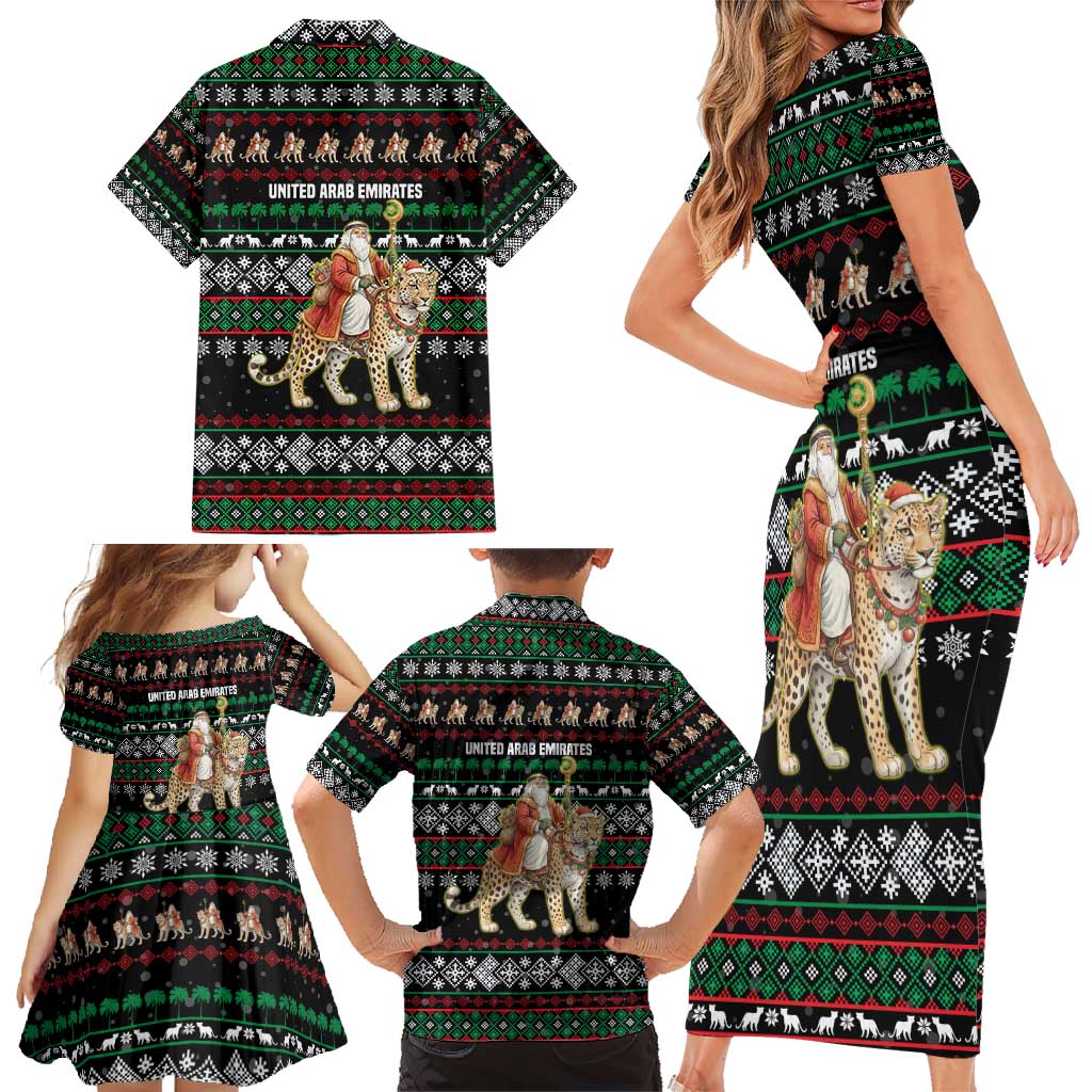 United Arab Emirates Christmas Family Matching Short Sleeve Bodycon Dress and Hawaiian Shirt with Santa Riding Cheetah Black Snowflake Pattern and Palm Tree - Wonder Print Shop