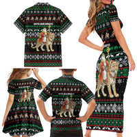 United Arab Emirates Christmas Family Matching Short Sleeve Bodycon Dress and Hawaiian Shirt with Santa Riding Cheetah Black Snowflake Pattern and Palm Tree - Wonder Print Shop