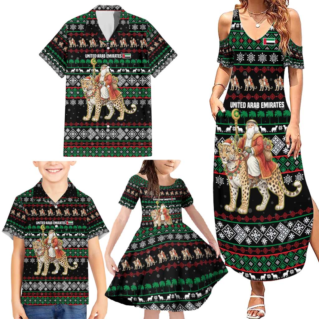 United Arab Emirates Christmas Family Matching Summer Maxi Dress and Hawaiian Shirt with Santa Riding Cheetah Black Snowflake Pattern and Palm Tree - Wonder Print Shop