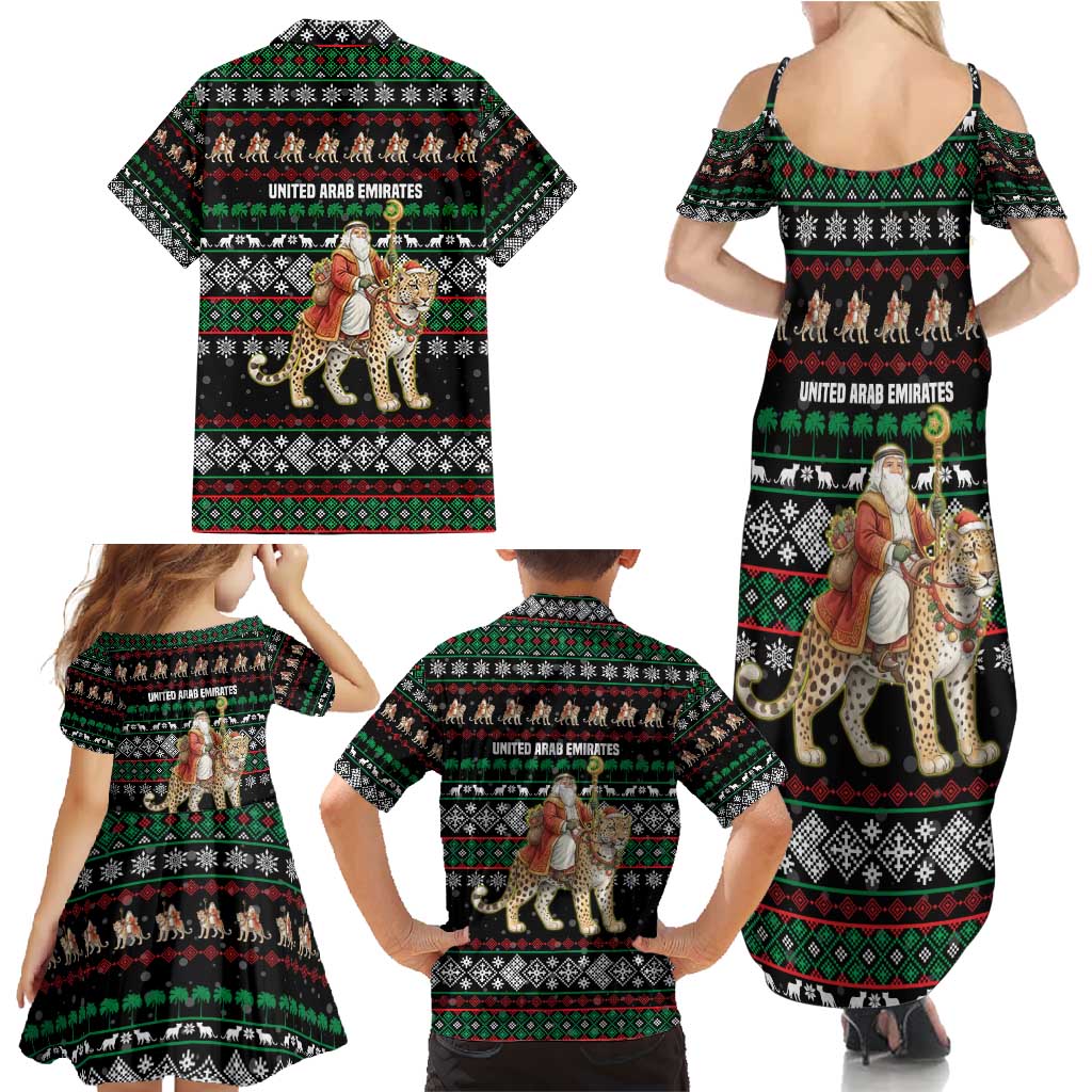 United Arab Emirates Christmas Family Matching Summer Maxi Dress and Hawaiian Shirt with Santa Riding Cheetah Black Snowflake Pattern and Palm Tree - Wonder Print Shop