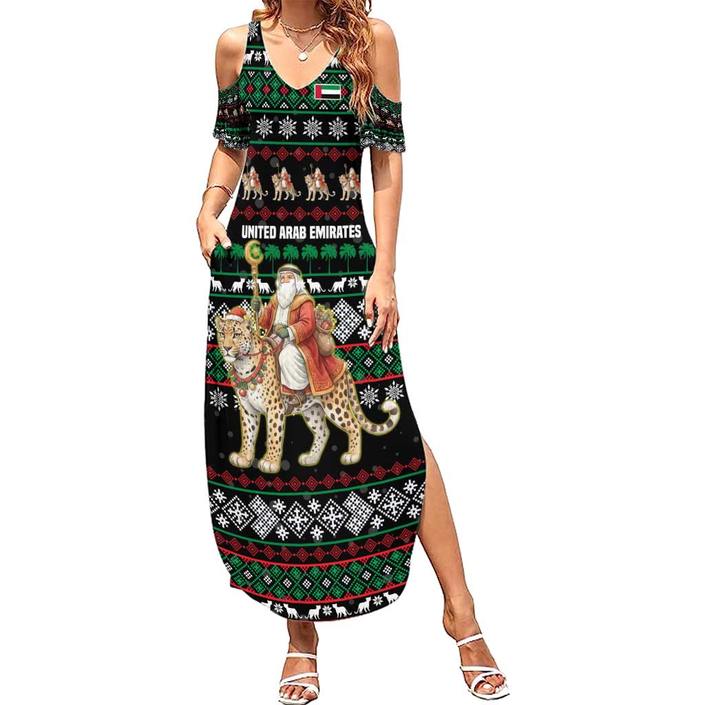 United Arab Emirates Christmas Family Matching Summer Maxi Dress and Hawaiian Shirt with Santa Riding Cheetah Black Snowflake Pattern and Palm Tree - Wonder Print Shop