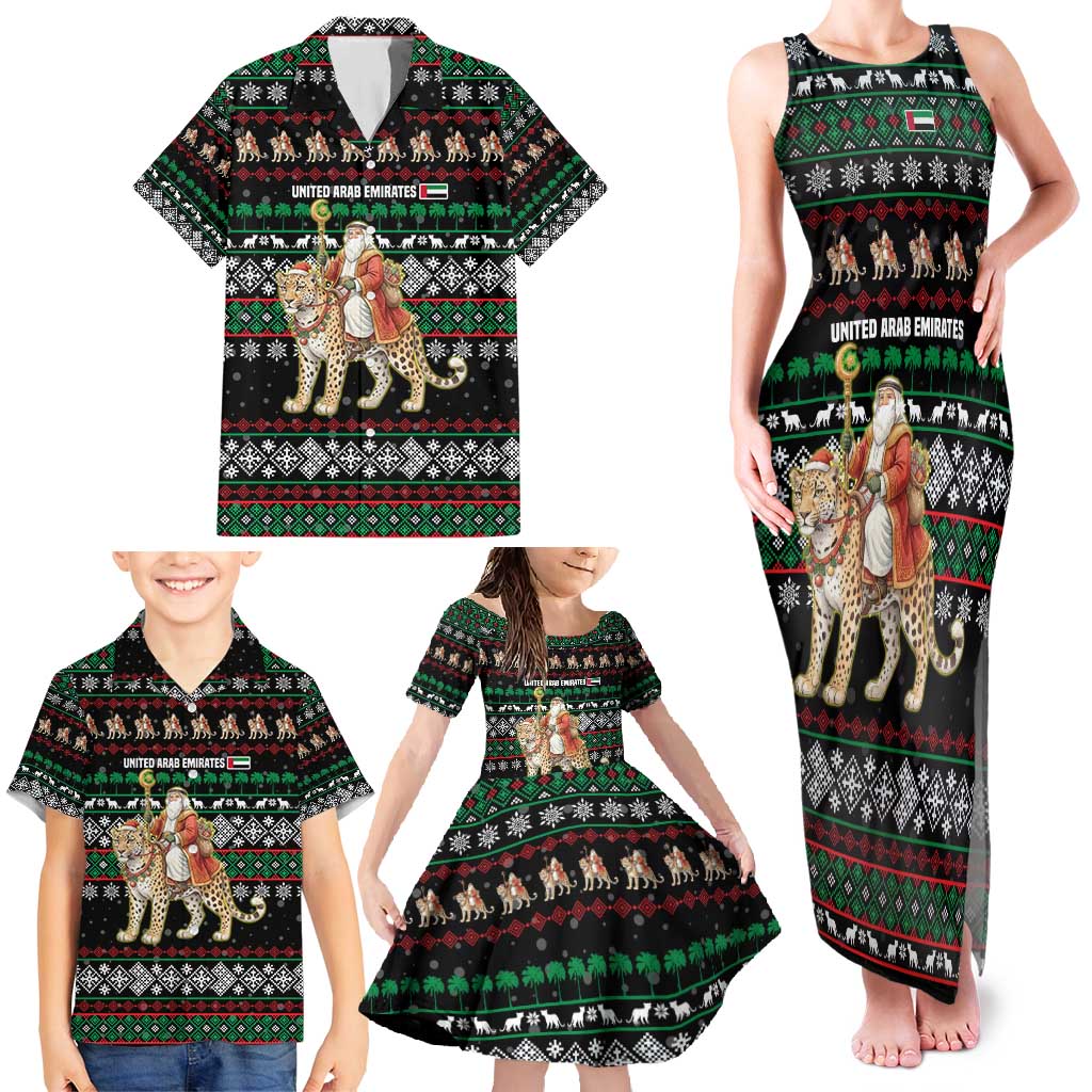 United Arab Emirates Christmas Family Matching Tank Maxi Dress and Hawaiian Shirt with Santa Riding Cheetah Black Snowflake Pattern and Palm Tree - Wonder Print Shop