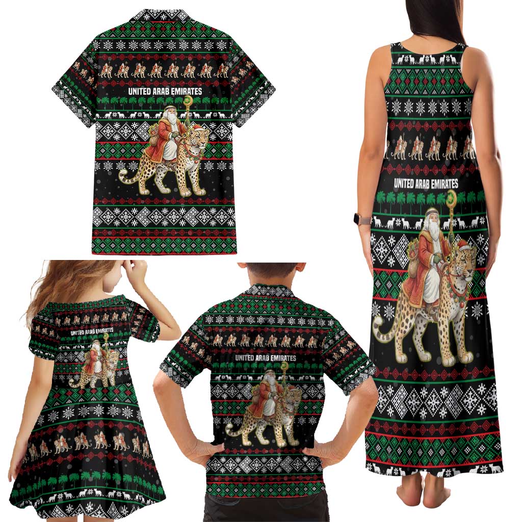 United Arab Emirates Christmas Family Matching Tank Maxi Dress and Hawaiian Shirt with Santa Riding Cheetah Black Snowflake Pattern and Palm Tree - Wonder Print Shop