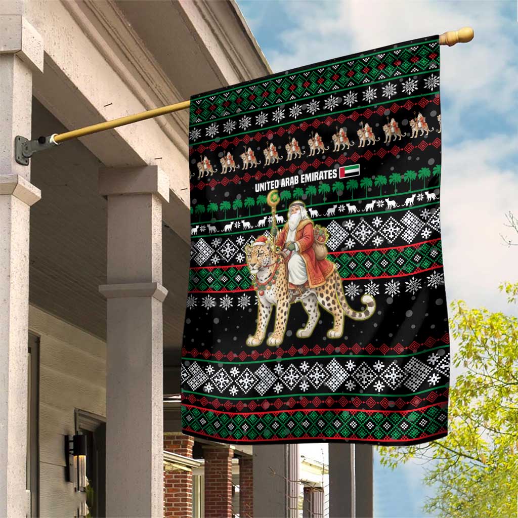 United Arab Emirates Christmas Garden Flag with Santa Riding Cheetah Black Snowflake Pattern and Palm Tree - Wonder Print Shop