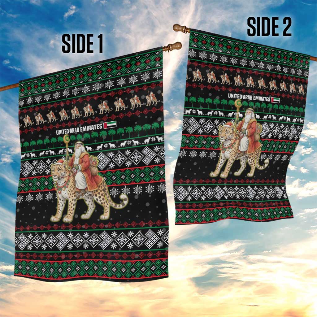 United Arab Emirates Christmas Garden Flag with Santa Riding Cheetah Black Snowflake Pattern and Palm Tree - Wonder Print Shop