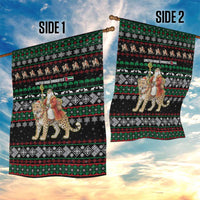 United Arab Emirates Christmas Garden Flag with Santa Riding Cheetah Black Snowflake Pattern and Palm Tree - Wonder Print Shop