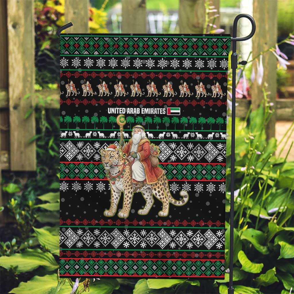 United Arab Emirates Christmas Garden Flag with Santa Riding Cheetah Black Snowflake Pattern and Palm Tree - Wonder Print Shop
