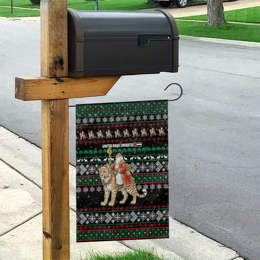 United Arab Emirates Christmas Garden Flag with Santa Riding Cheetah Black Snowflake Pattern and Palm Tree - Wonder Print Shop