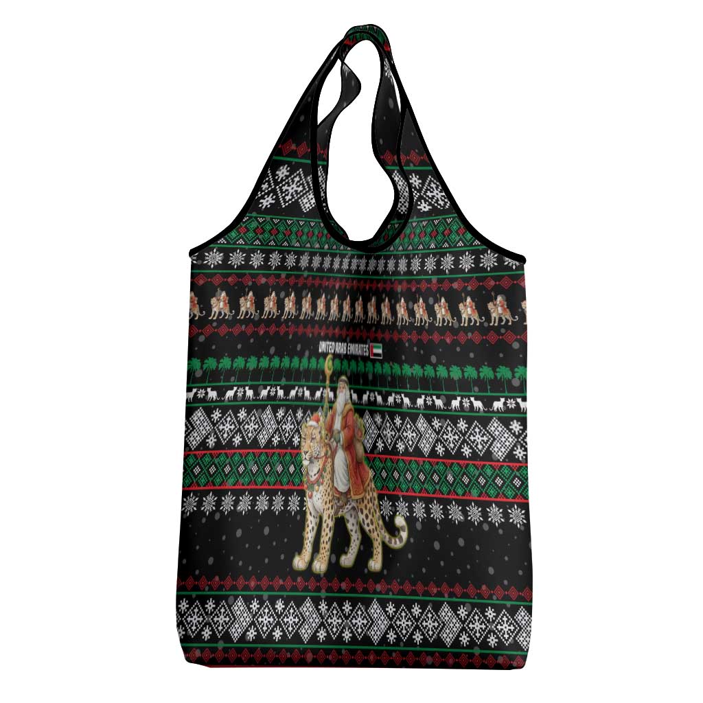 United Arab Emirates Christmas Grocery Bag with Santa Riding Cheetah Black Snowflake Pattern and Palm Tree - Wonder Print Shop