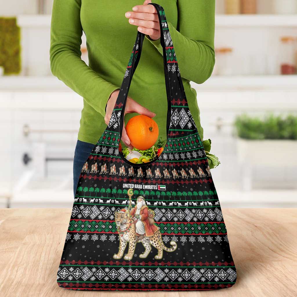 United Arab Emirates Christmas Grocery Bag with Santa Riding Cheetah Black Snowflake Pattern and Palm Tree - Wonder Print Shop
