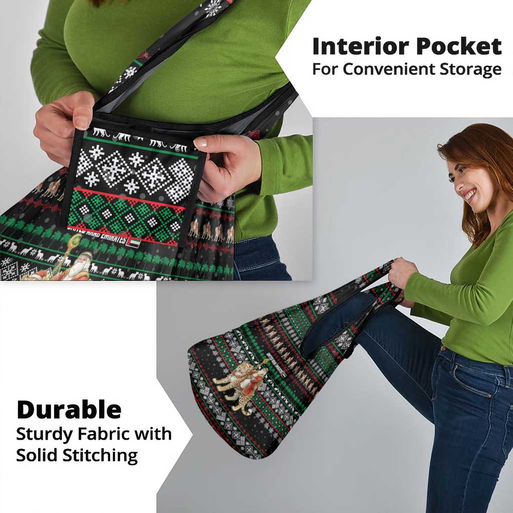 United Arab Emirates Christmas Grocery Bag with Santa Riding Cheetah Black Snowflake Pattern and Palm Tree - Wonder Print Shop