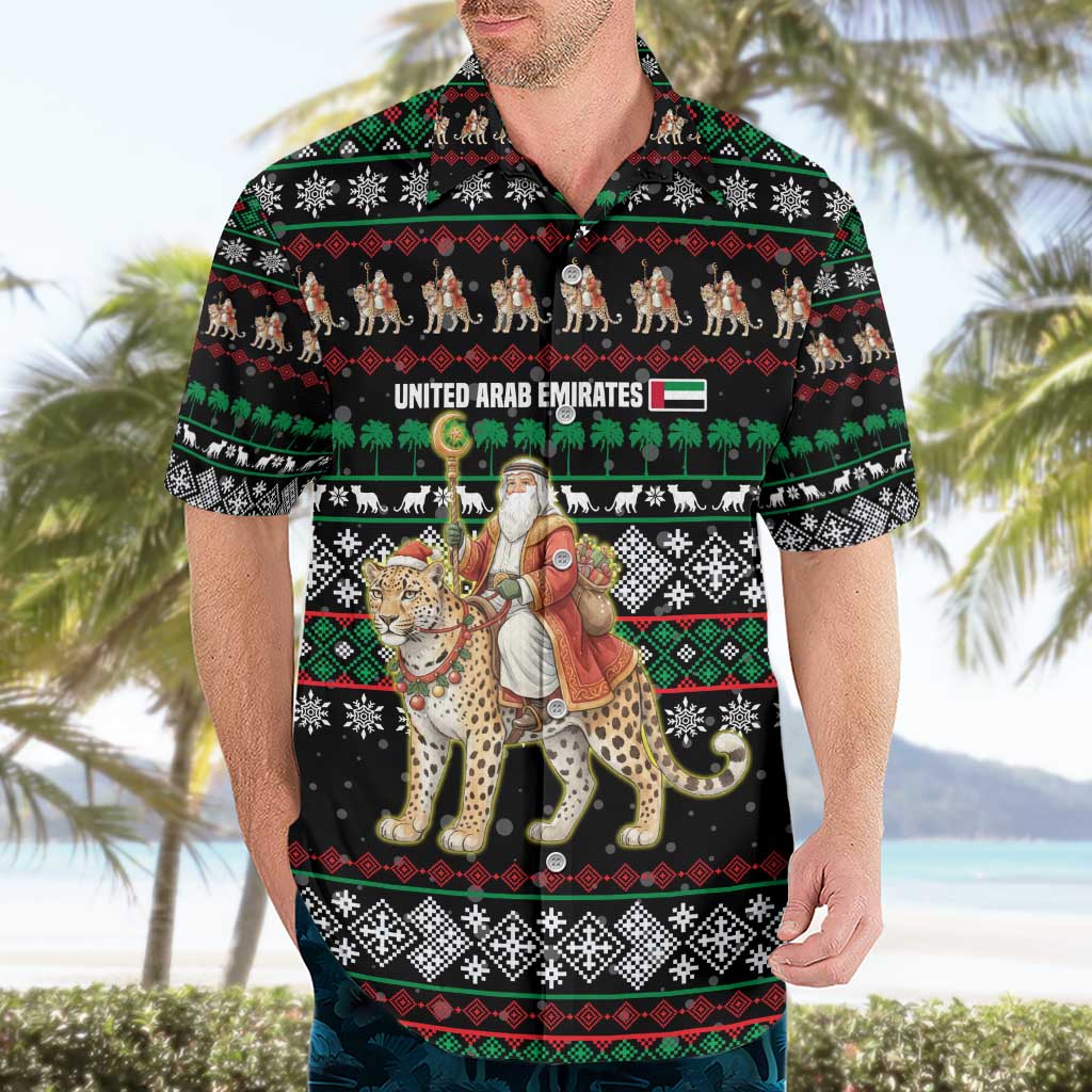 United Arab Emirates Christmas Hawaiian Shirt with Santa Riding Cheetah Black Snowflake Pattern and Palm Tree - Wonder Print Shop