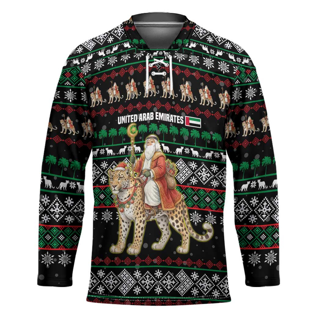 United Arab Emirates Christmas Hockey Jersey with Santa Riding Cheetah Black Snowflake Pattern and Palm Tree - Wonder Print Shop