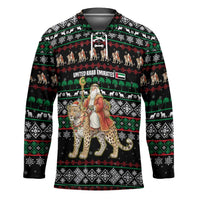 United Arab Emirates Christmas Hockey Jersey with Santa Riding Cheetah Black Snowflake Pattern and Palm Tree - Wonder Print Shop