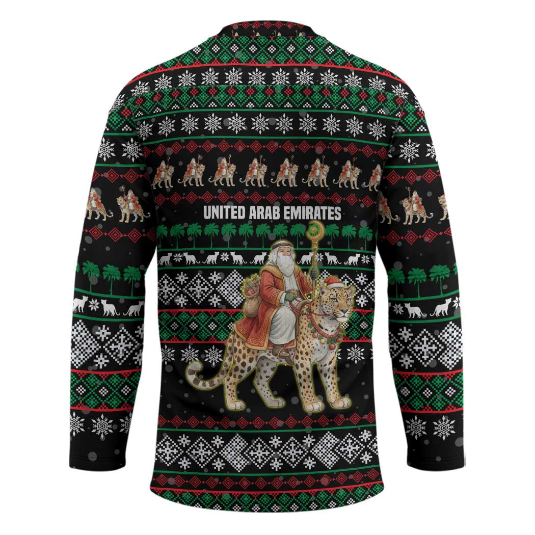 United Arab Emirates Christmas Hockey Jersey with Santa Riding Cheetah Black Snowflake Pattern and Palm Tree - Wonder Print Shop