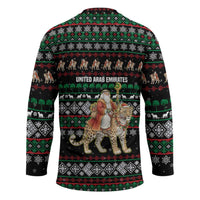 United Arab Emirates Christmas Hockey Jersey with Santa Riding Cheetah Black Snowflake Pattern and Palm Tree - Wonder Print Shop