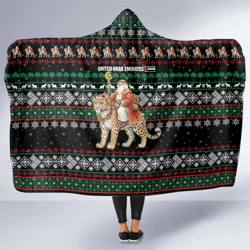 United Arab Emirates Christmas Hooded Blanket with Santa Riding Cheetah Black Snowflake Pattern and Palm Tree - Wonder Print Shop