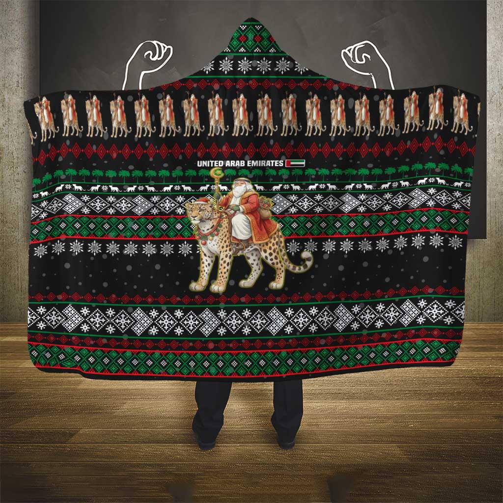 United Arab Emirates Christmas Hooded Blanket with Santa Riding Cheetah Black Snowflake Pattern and Palm Tree - Wonder Print Shop