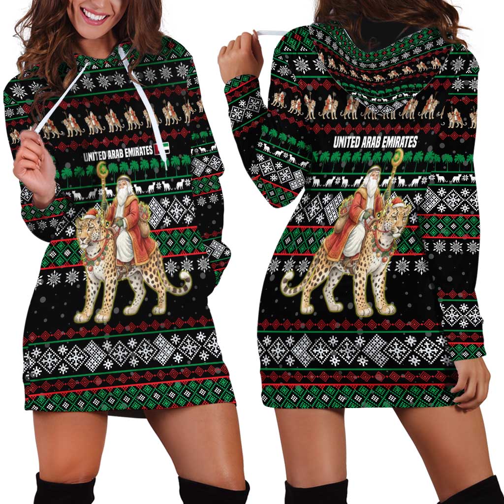 United Arab Emirates Christmas Hoodie Dress with Santa Riding Cheetah Black Snowflake Pattern and Palm Tree - Wonder Print Shop