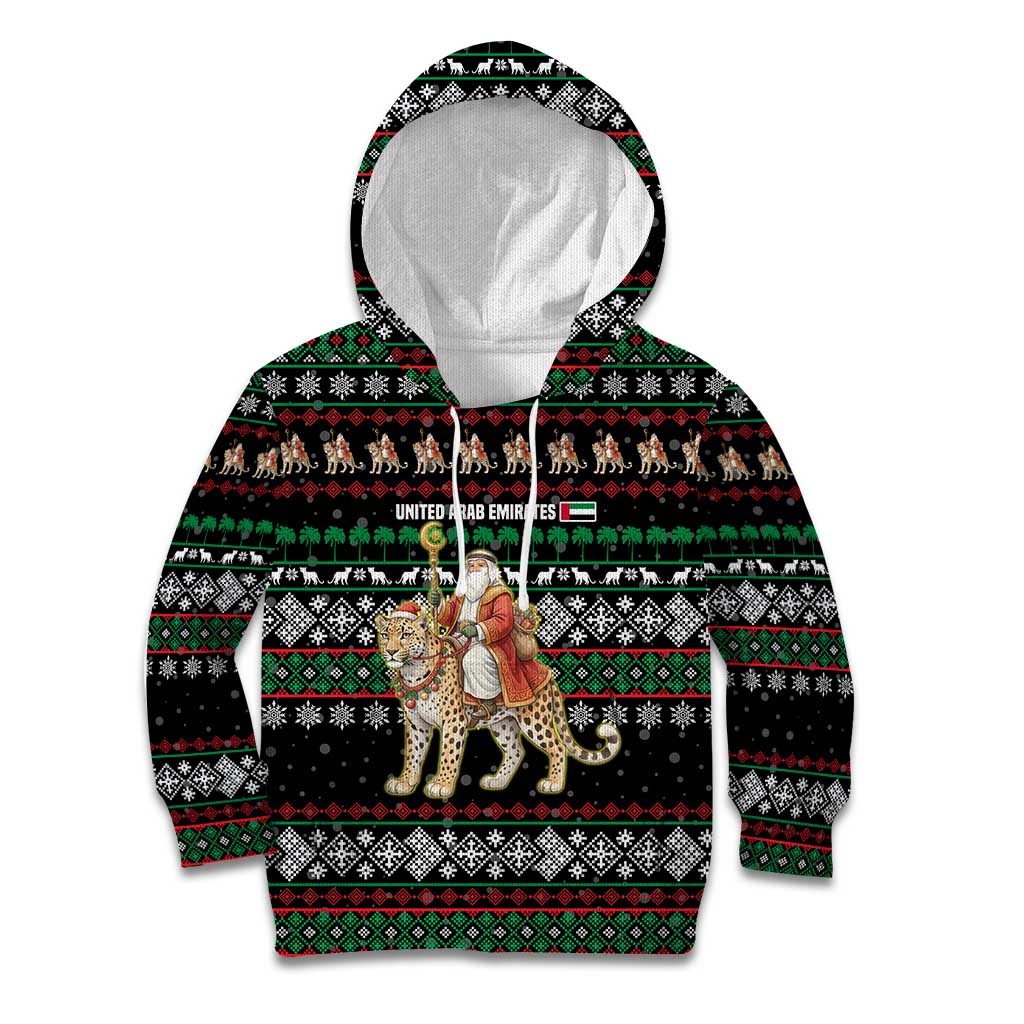 United Arab Emirates Christmas Kid Hoodie with Santa Riding Cheetah Black Snowflake Pattern and Palm Tree - Wonder Print Shop
