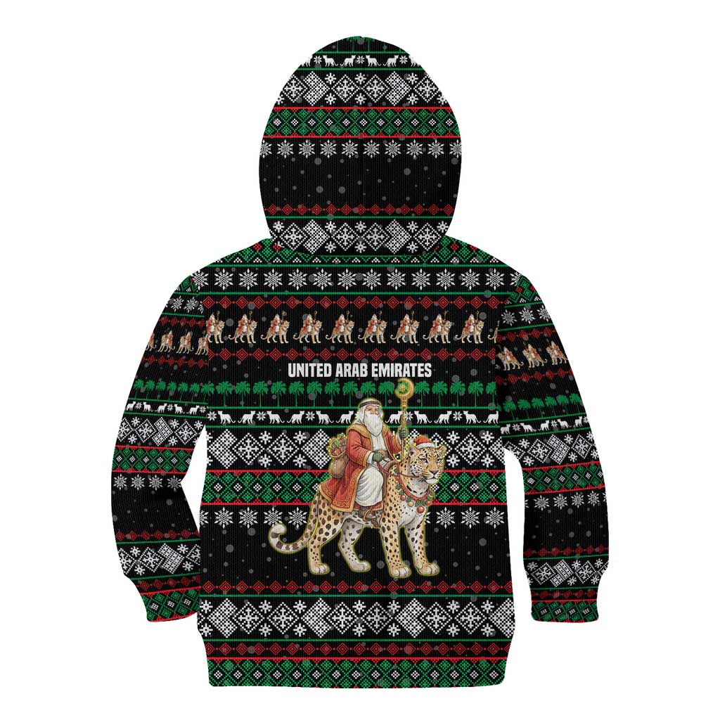 United Arab Emirates Christmas Kid Hoodie with Santa Riding Cheetah Black Snowflake Pattern and Palm Tree - Wonder Print Shop