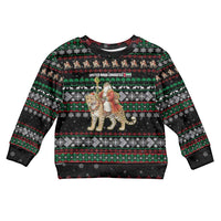 United Arab Emirates Christmas Kid Ugly Christmas Sweater with Santa Riding Cheetah Black Snowflake Pattern and Palm Tree - Wonder Print Shop