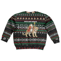 United Arab Emirates Christmas Kid Ugly Christmas Sweater with Santa Riding Cheetah Black Snowflake Pattern and Palm Tree - Wonder Print Shop