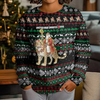 United Arab Emirates Christmas Kid Ugly Christmas Sweater with Santa Riding Cheetah Black Snowflake Pattern and Palm Tree - Wonder Print Shop