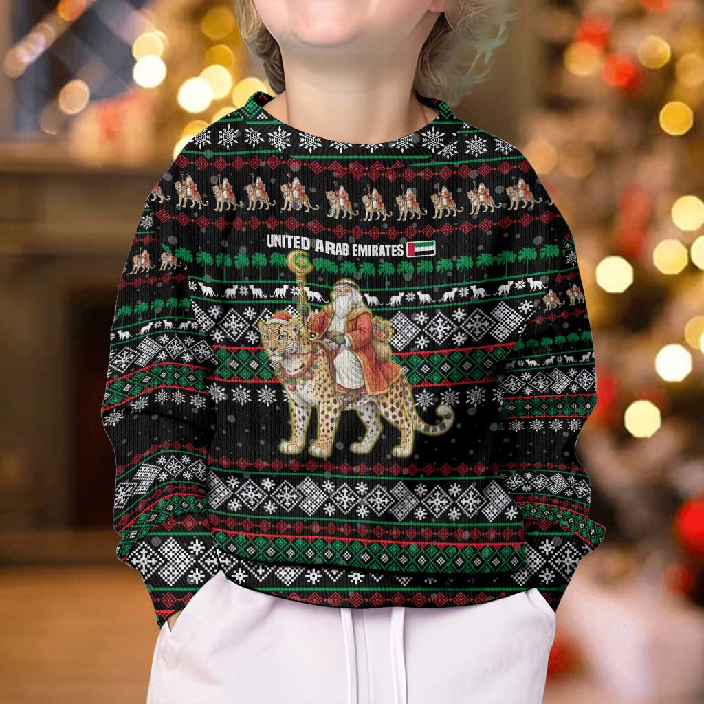 United Arab Emirates Christmas Kid Ugly Christmas Sweater with Santa Riding Cheetah Black Snowflake Pattern and Palm Tree - Wonder Print Shop