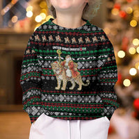 United Arab Emirates Christmas Kid Ugly Christmas Sweater with Santa Riding Cheetah Black Snowflake Pattern and Palm Tree - Wonder Print Shop