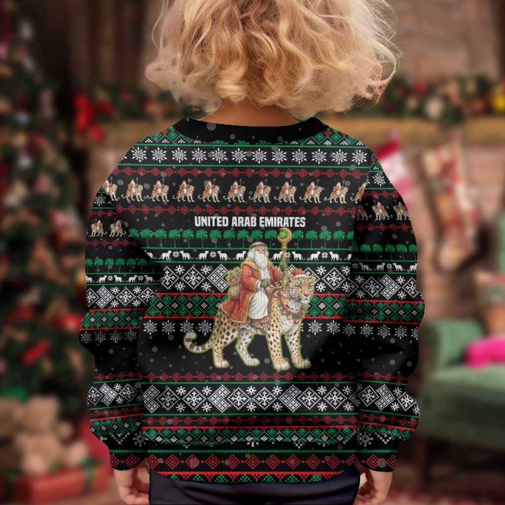 United Arab Emirates Christmas Kid Ugly Christmas Sweater with Santa Riding Cheetah Black Snowflake Pattern and Palm Tree - Wonder Print Shop