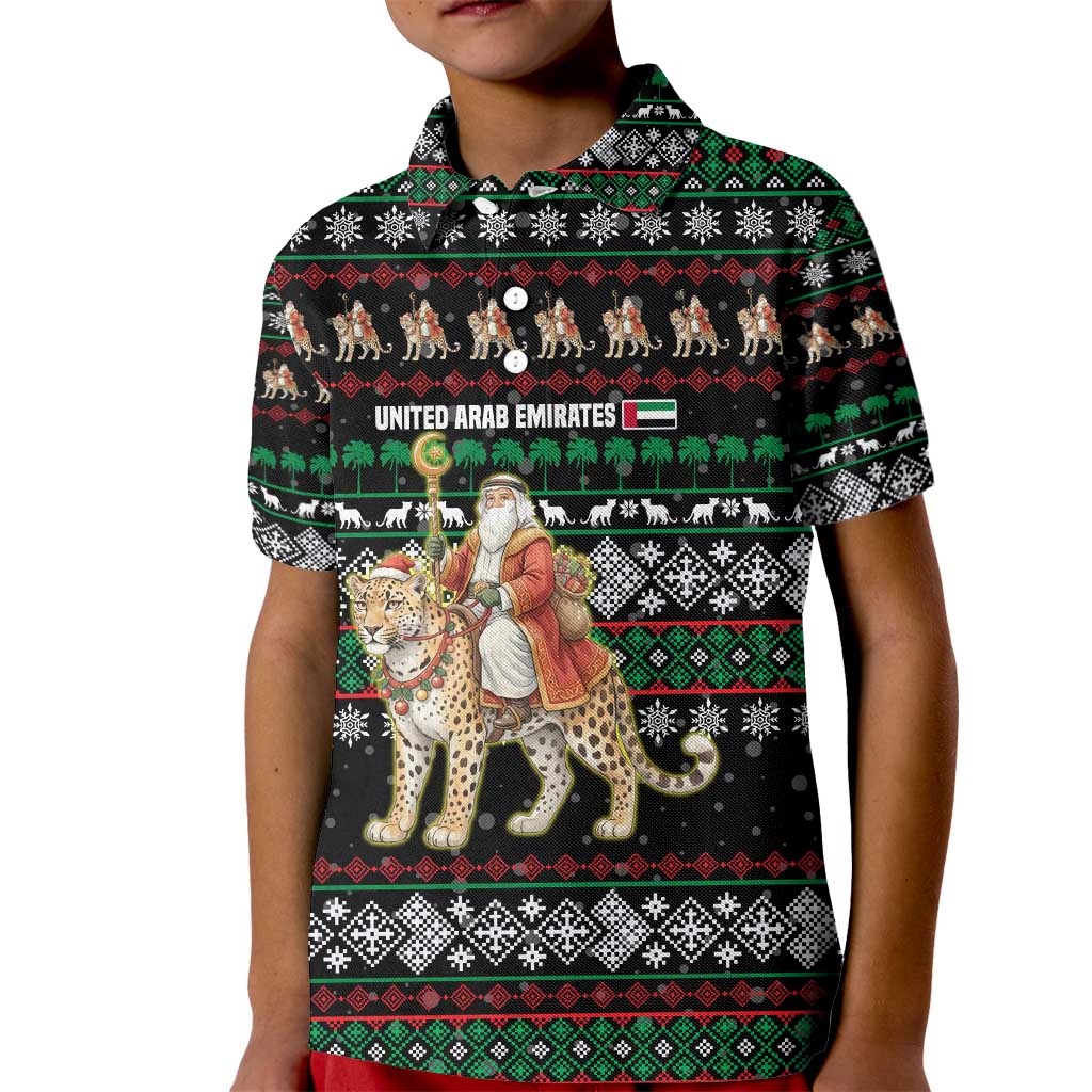 United Arab Emirates Christmas Kid Polo Shirt with Santa Riding Cheetah Black Snowflake Pattern and Palm Tree - Wonder Print Shop