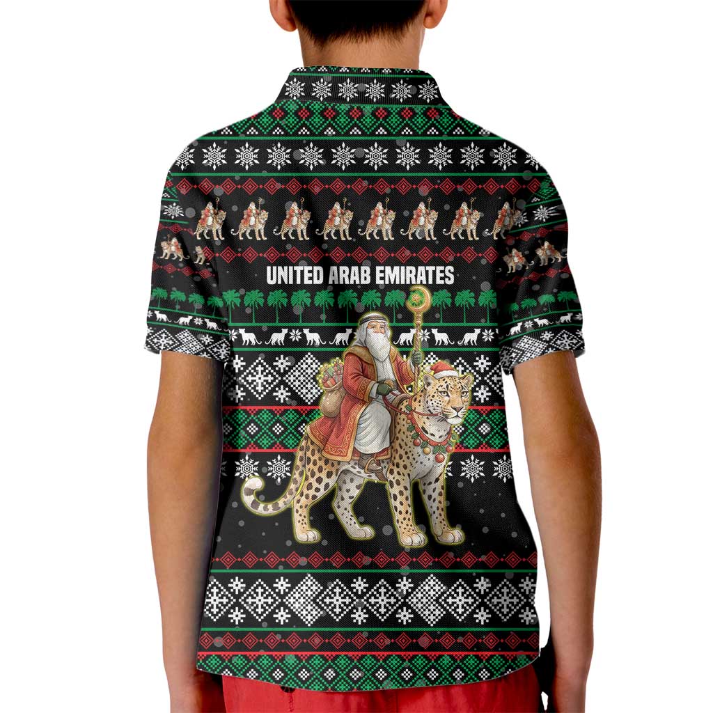 United Arab Emirates Christmas Kid Polo Shirt with Santa Riding Cheetah Black Snowflake Pattern and Palm Tree - Wonder Print Shop