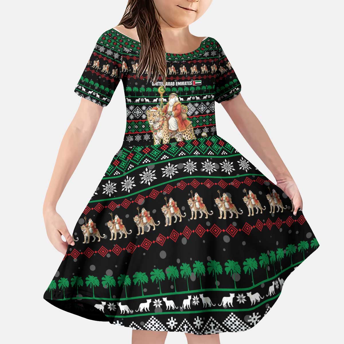 United Arab Emirates Christmas Kid Short Sleeve Dress with Santa Riding Cheetah Black Snowflake Pattern and Palm Tree - Wonder Print Shop