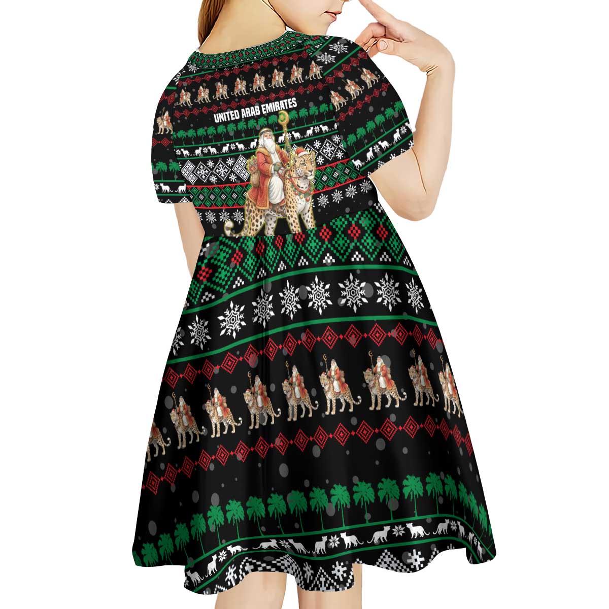 United Arab Emirates Christmas Kid Short Sleeve Dress with Santa Riding Cheetah Black Snowflake Pattern and Palm Tree - Wonder Print Shop
