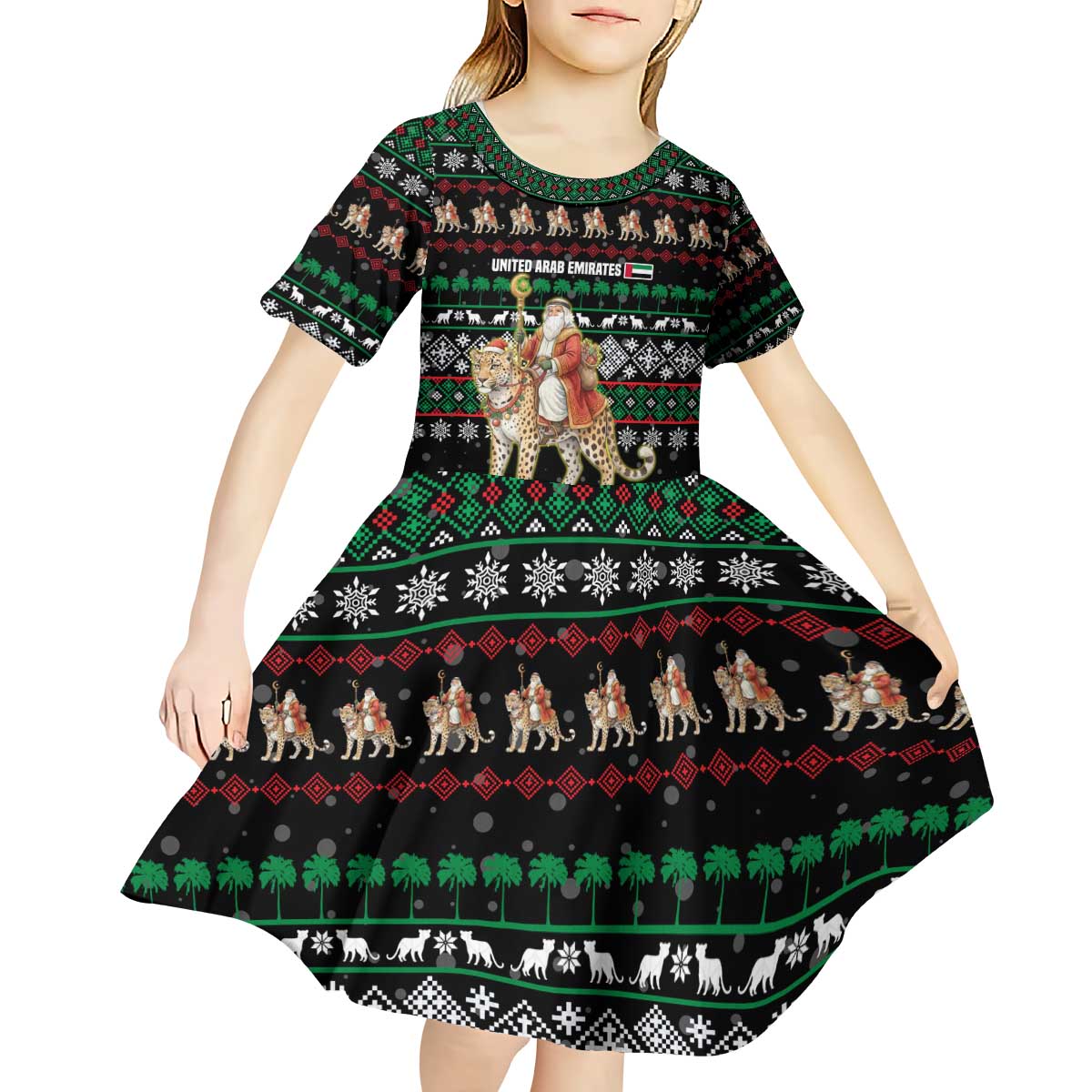 United Arab Emirates Christmas Kid Short Sleeve Dress with Santa Riding Cheetah Black Snowflake Pattern and Palm Tree - Wonder Print Shop