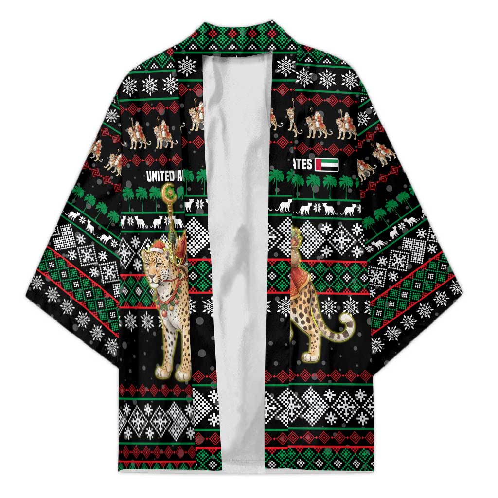 United Arab Emirates Christmas Kimono with Santa Riding Cheetah Black Snowflake Pattern and Palm Tree - Wonder Print Shop
