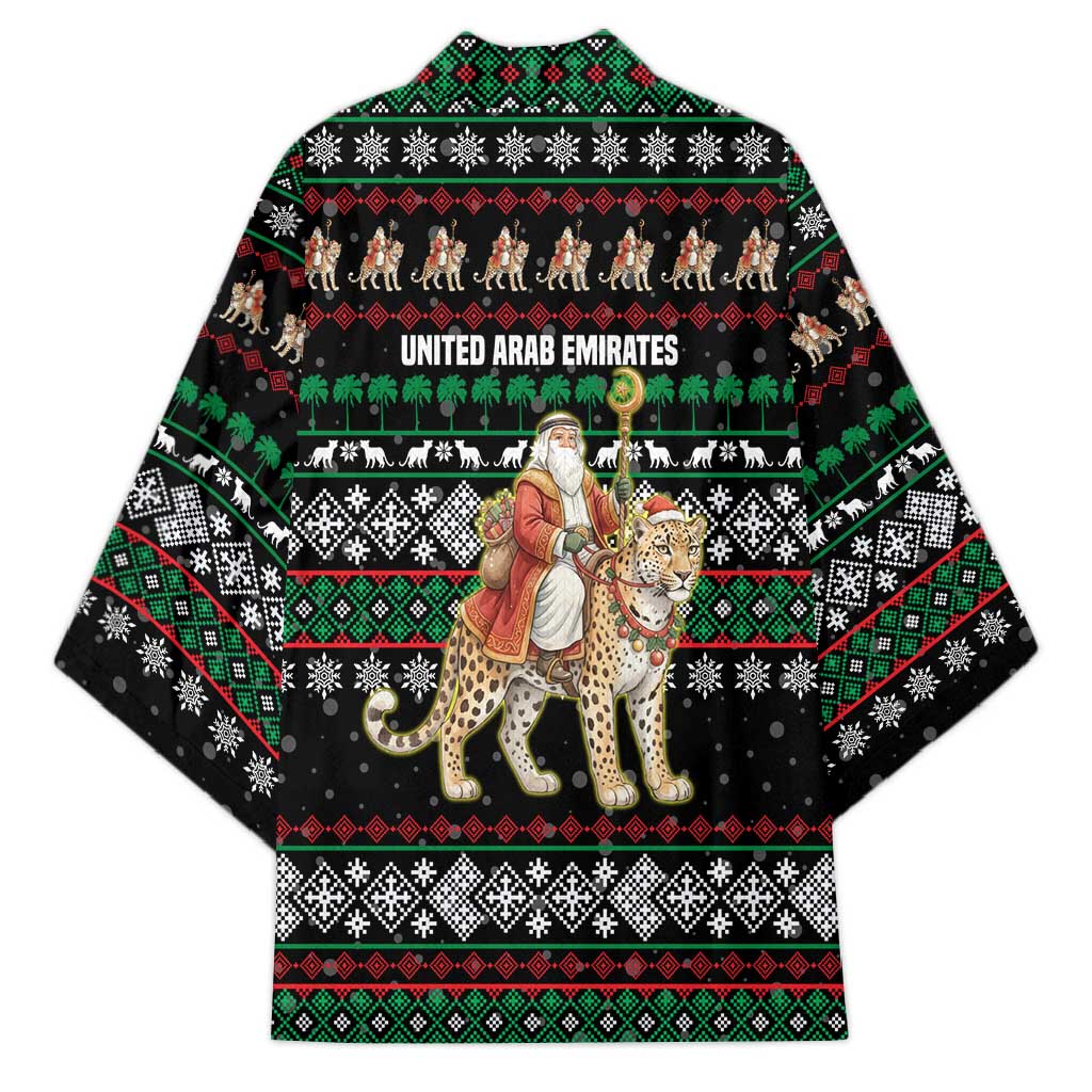 United Arab Emirates Christmas Kimono with Santa Riding Cheetah Black Snowflake Pattern and Palm Tree - Wonder Print Shop