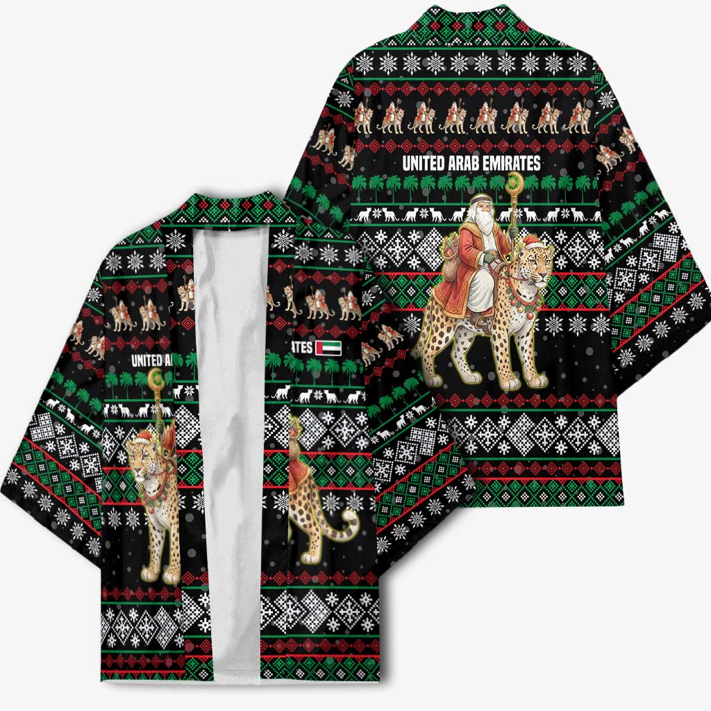 United Arab Emirates Christmas Kimono with Santa Riding Cheetah Black Snowflake Pattern and Palm Tree - Wonder Print Shop