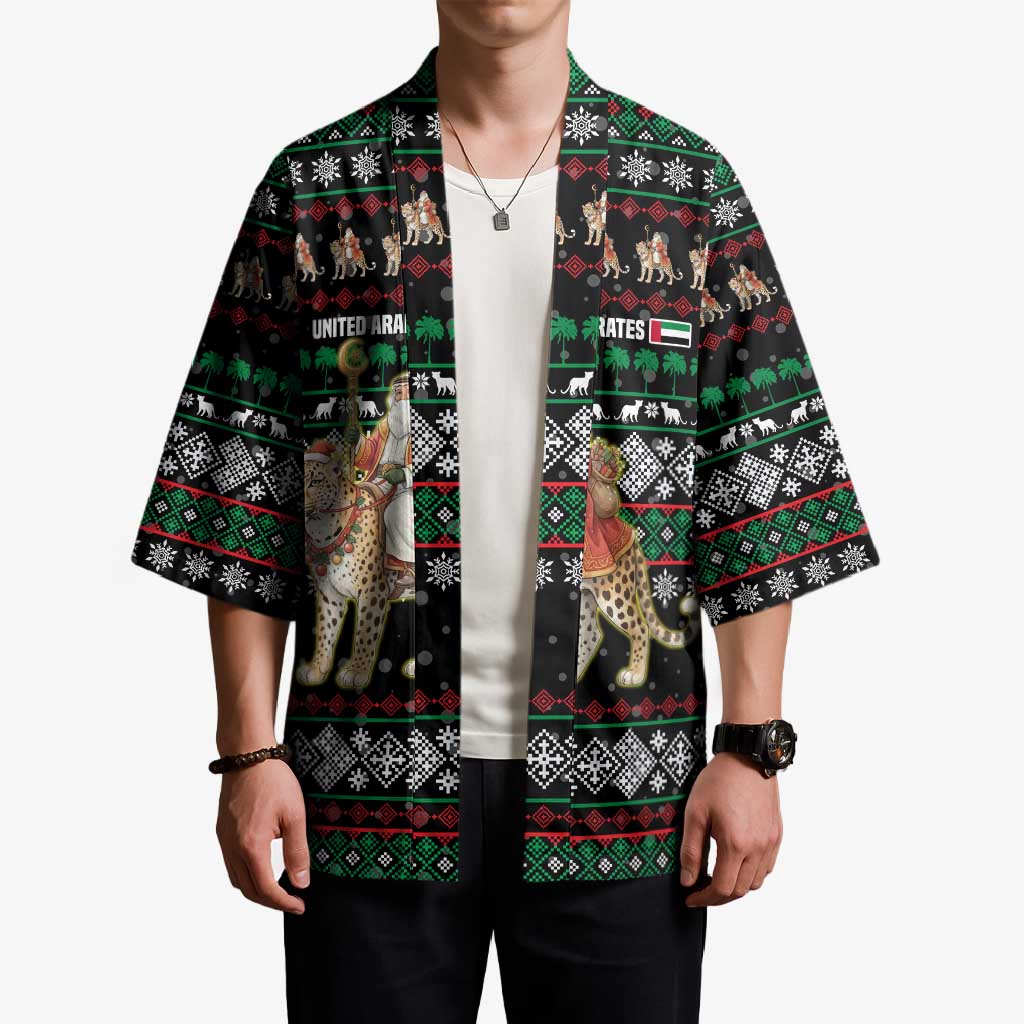 United Arab Emirates Christmas Kimono with Santa Riding Cheetah Black Snowflake Pattern and Palm Tree - Wonder Print Shop