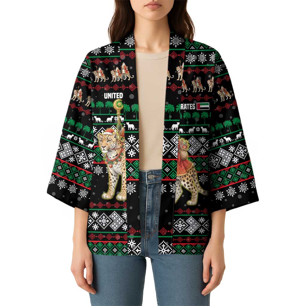 United Arab Emirates Christmas Kimono with Santa Riding Cheetah Black Snowflake Pattern and Palm Tree - Wonder Print Shop