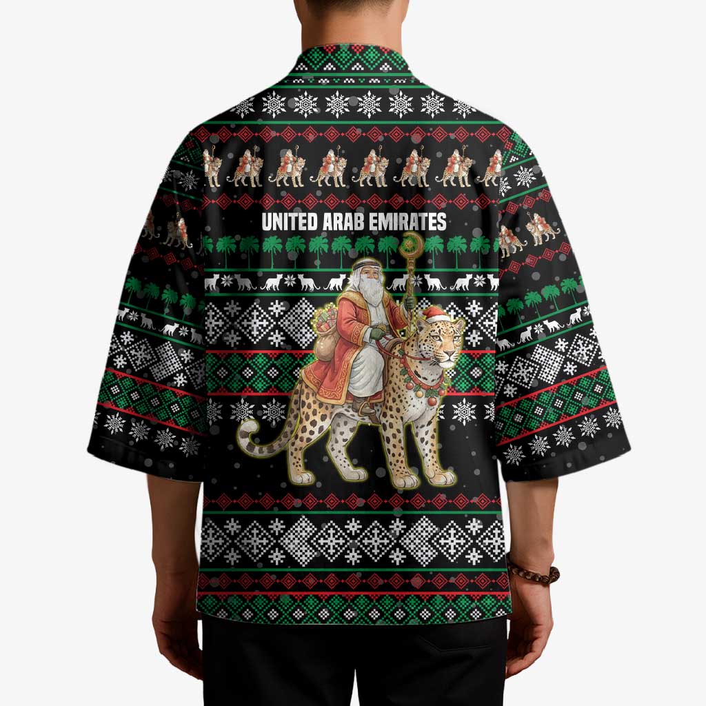 United Arab Emirates Christmas Kimono with Santa Riding Cheetah Black Snowflake Pattern and Palm Tree - Wonder Print Shop
