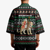 United Arab Emirates Christmas Kimono with Santa Riding Cheetah Black Snowflake Pattern and Palm Tree - Wonder Print Shop