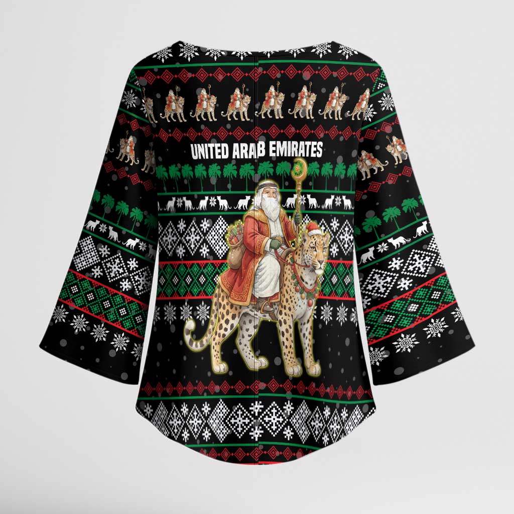 United Arab Emirates Christmas Kimono Sleeve Blouse with Santa Riding Cheetah Black Snowflake Pattern and Palm Tree - Wonder Print Shop