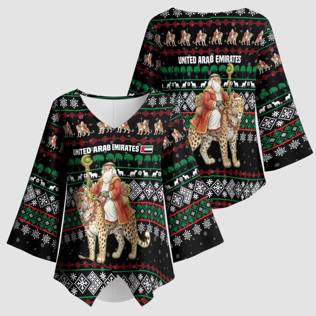 United Arab Emirates Christmas Kimono Sleeve Blouse with Santa Riding Cheetah Black Snowflake Pattern and Palm Tree - Wonder Print Shop