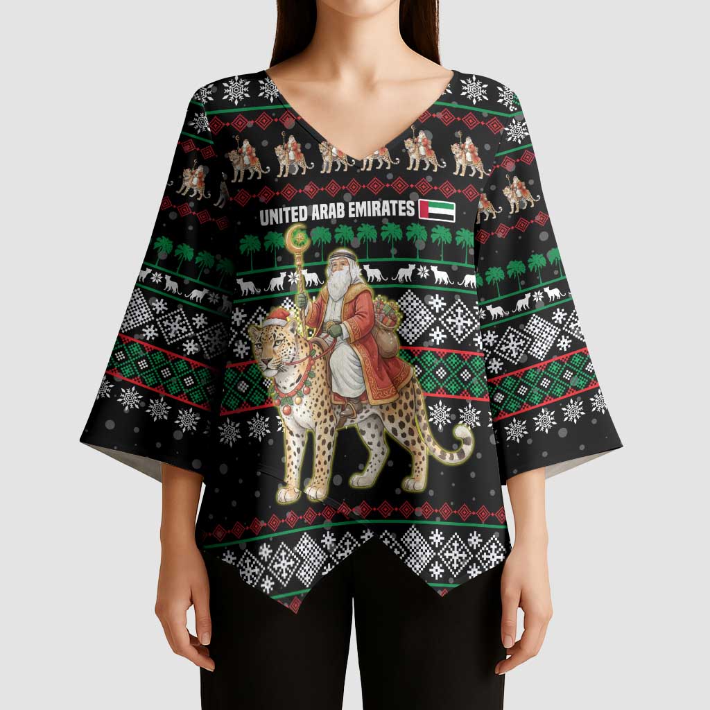 United Arab Emirates Christmas Kimono Sleeve Blouse with Santa Riding Cheetah Black Snowflake Pattern and Palm Tree - Wonder Print Shop