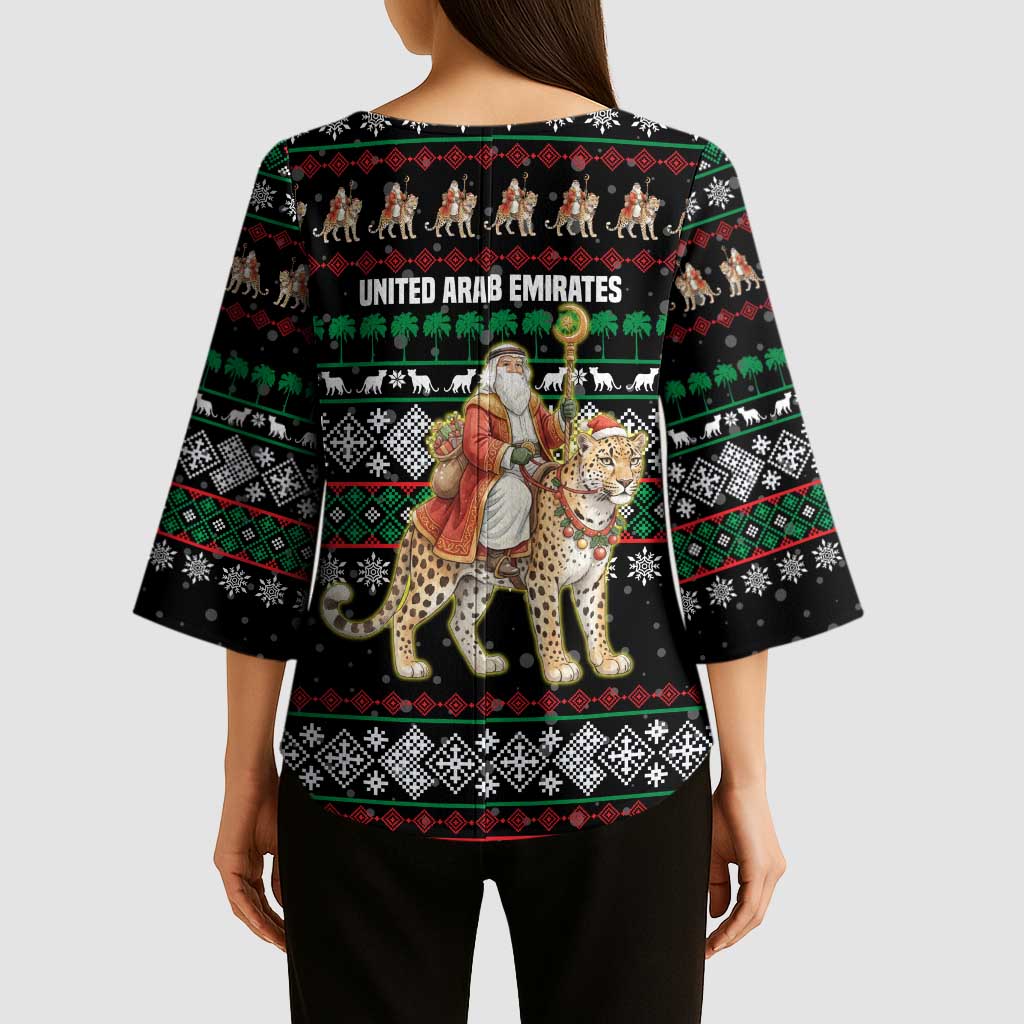United Arab Emirates Christmas Kimono Sleeve Blouse with Santa Riding Cheetah Black Snowflake Pattern and Palm Tree - Wonder Print Shop