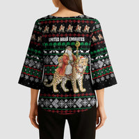 United Arab Emirates Christmas Kimono Sleeve Blouse with Santa Riding Cheetah Black Snowflake Pattern and Palm Tree - Wonder Print Shop