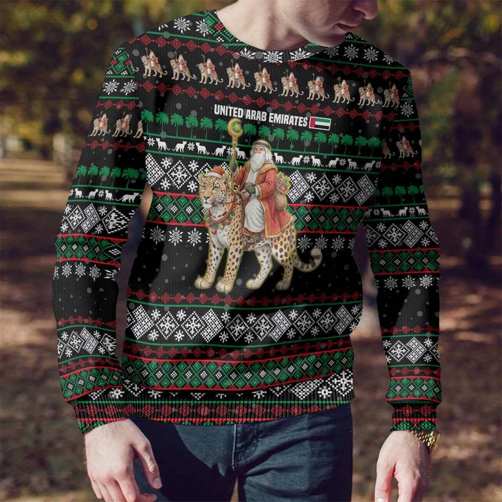 United Arab Emirates Christmas Ugly Christmas Sweater with Santa Riding Cheetah Black Snowflake Pattern and Palm Tree - Wonder Print Shop